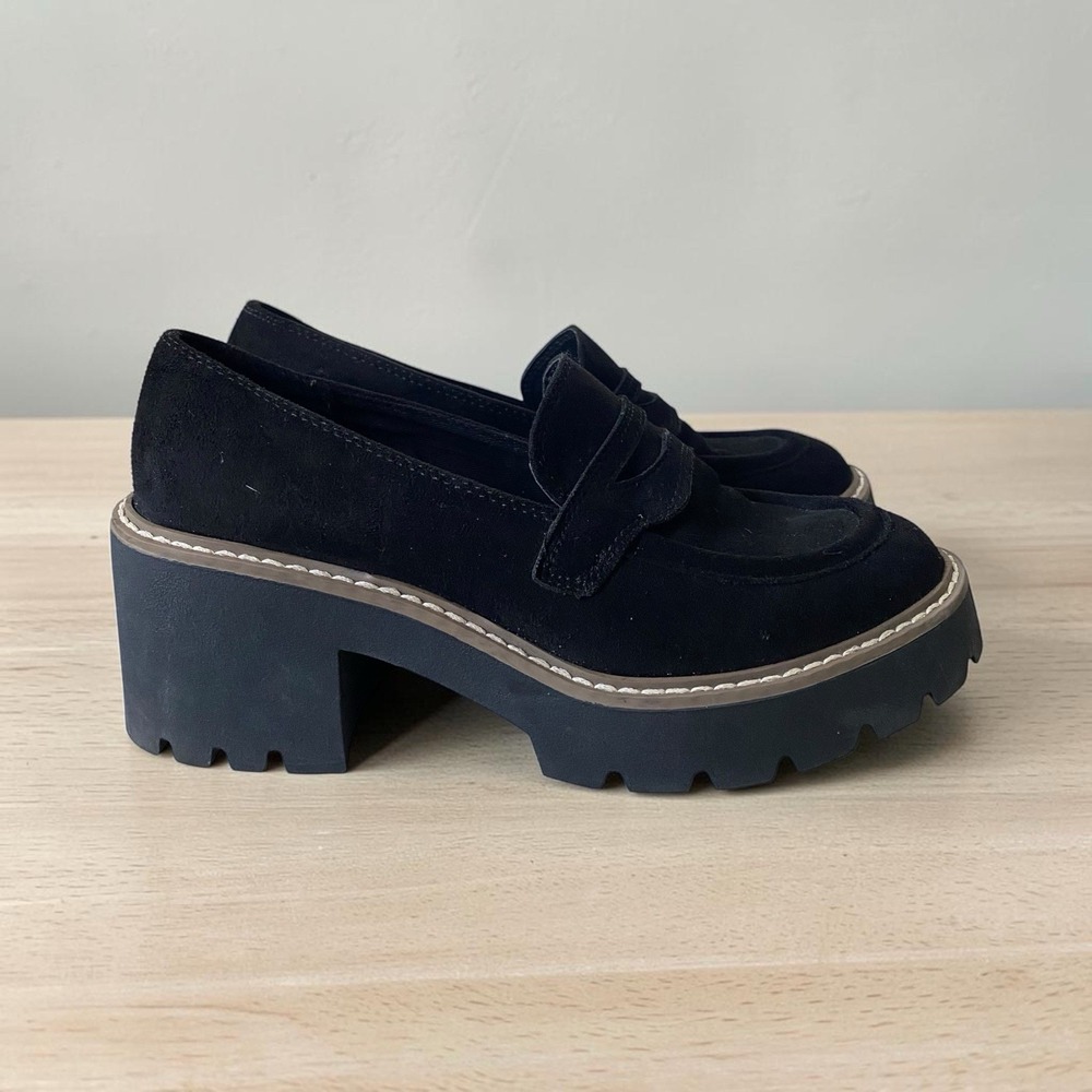 DV Dolce Vita Penny Loafer Size 6.5 Black Faux Suede Platform Chunky Lug Sole